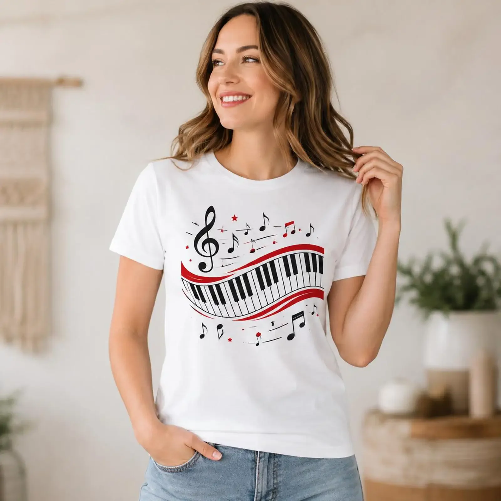 Piano Music Women T Shirt Keyboard Notes Treble Clef  vintage Washed Slightly Breathable homme Stretched Comfortable graphic