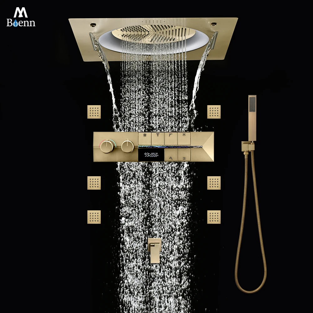 

M Boenn 6-функциональная квадратная душевая система, умный дисплей температуры, термостатический смеситель, смесители для ванной комнаты, музыкальная светодиодная насадка для душа