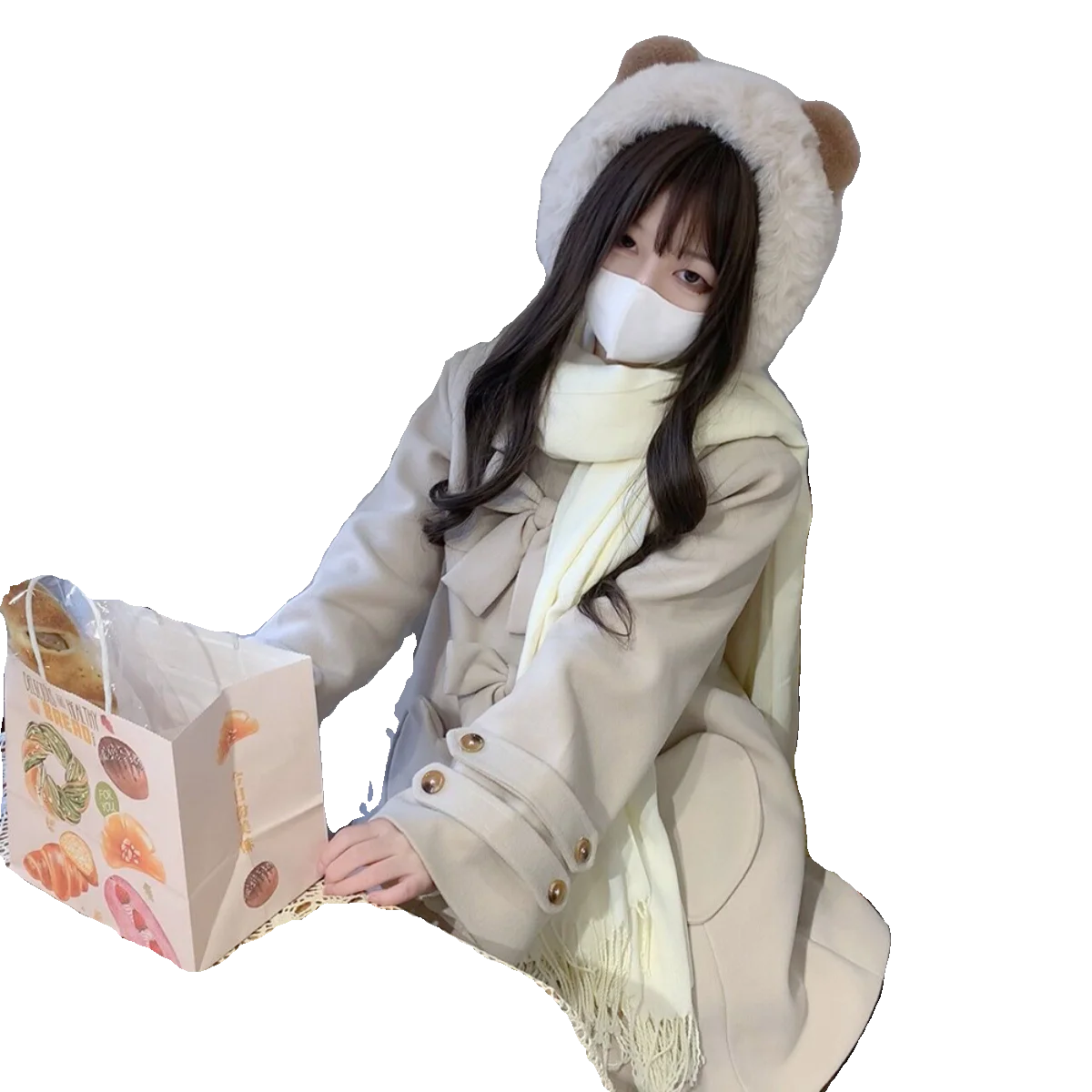 2025 Autumn Winter New Japanese Style Beige Turn-Down Collar Long Sleeve Bow JK Mid-Length Casual Loose Quilted Coat