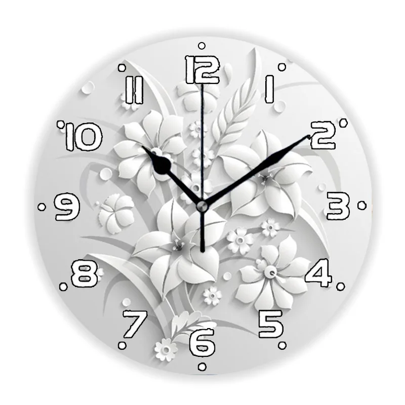 3D Style Elegant Bouquet of Fantastic White Flowers Wall Clock Living Room Modern Abstract Floral Kitchen Large Wall Watch Decor