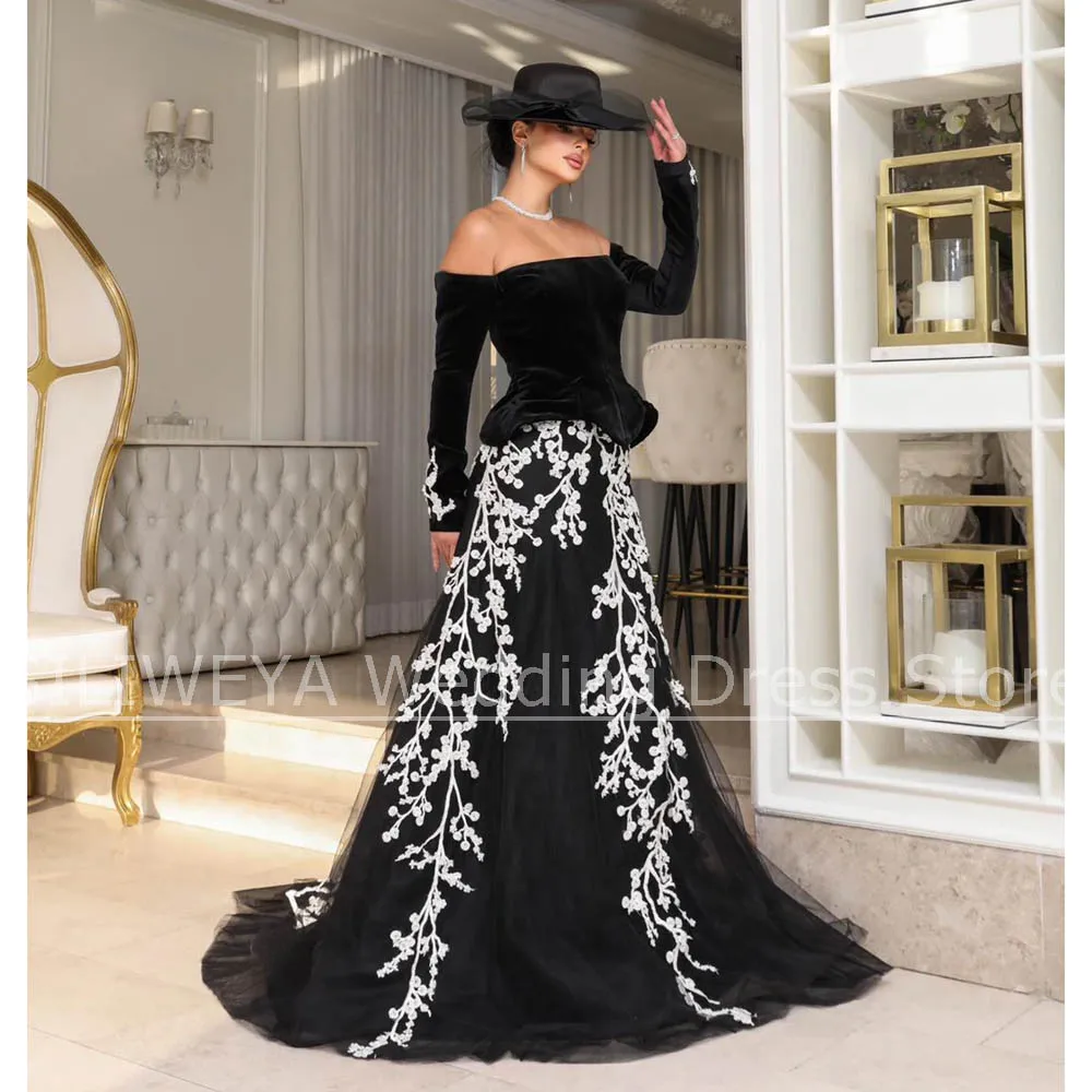 

Black Evening Dresses with Velvet Fashion White Floral Appliques Party Gowns Elegant Long Sleeves A-Line Women Prom Dresses