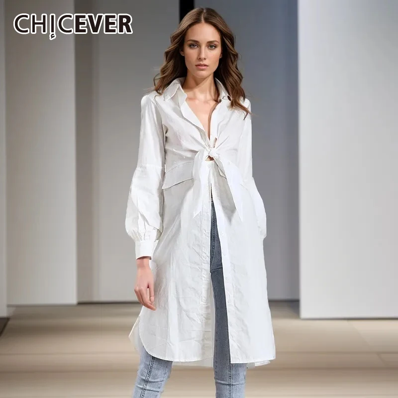 

CHICEVER White Casual Blouses For Women Lapel Lantern Sleeve Single Breasted Spliced Lace Up minimalist Shirts Female spring new