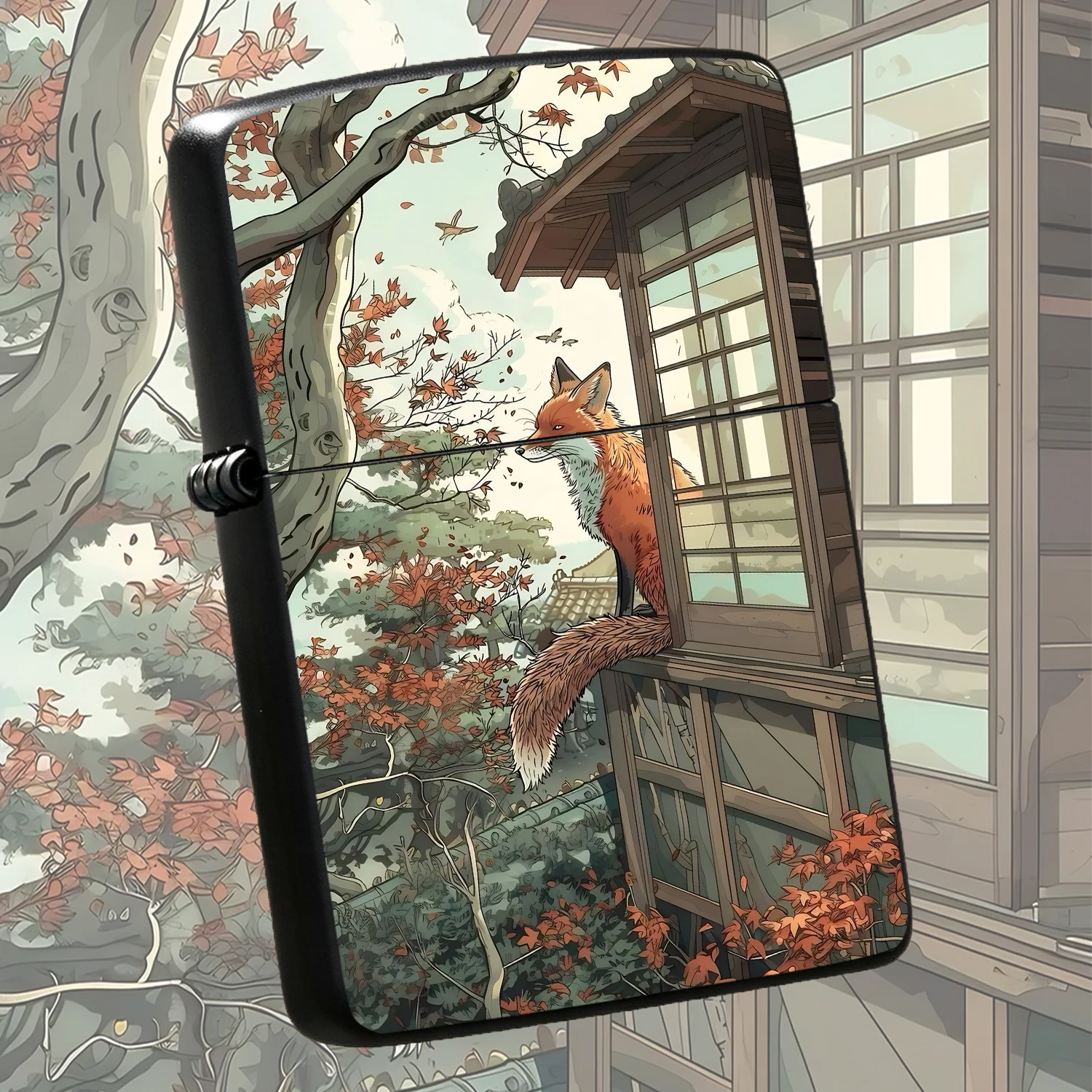 Japanese Ukiyo-E Style Lighter With Red Fox On Traditional House Window In Autumn Maple Scene, Portable Elegant Ignition Tool For Outdoor Camping, Lighting Candles Incense, Exquisite Artistic Present For Art Lovers Family Friends Daily Mult