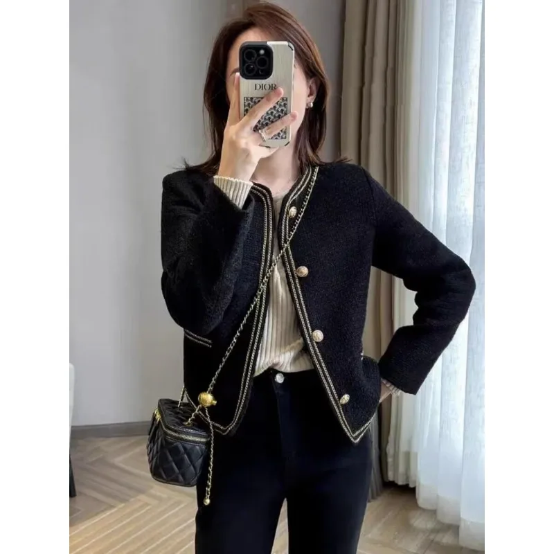 

Ele Bla Tweed ort Coat Women's Early Spring 2024 New Sle Ladylike Personali Button up Long Sve Polyester Fiber