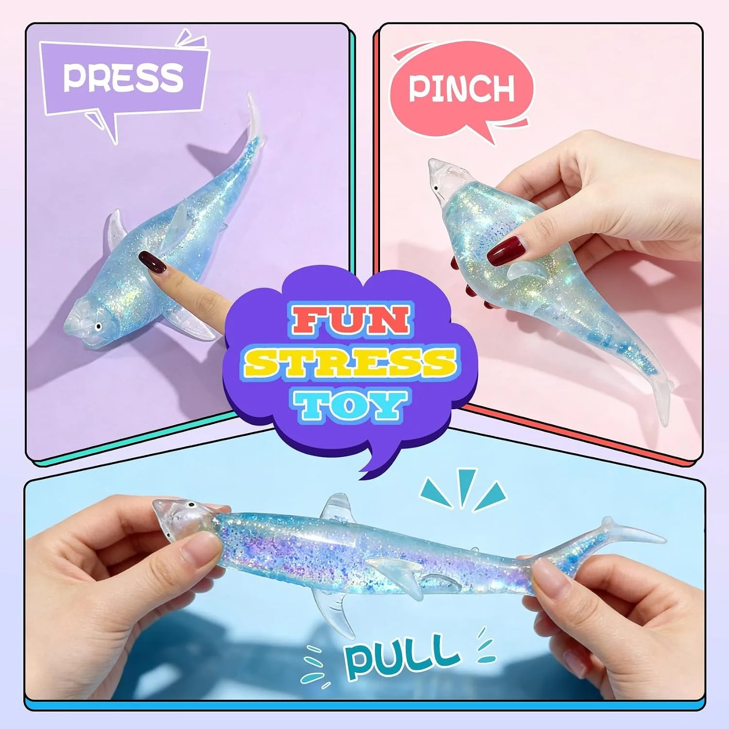 Glitter Shark Stress Ball Squishy Squeeze Fidgets & Desk Accessories Sensory Sugar Ball for Office Novelty Gifts
