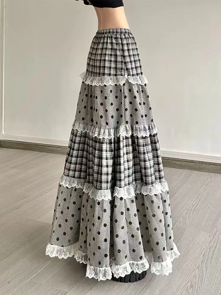 Vintage Patchwork Plaid Midi Rokken Vrouwen Y2K Sweet Lolita Alle Match Een Lijn Rokken Japanse Losse Preppy Casual Geplooide Rokken