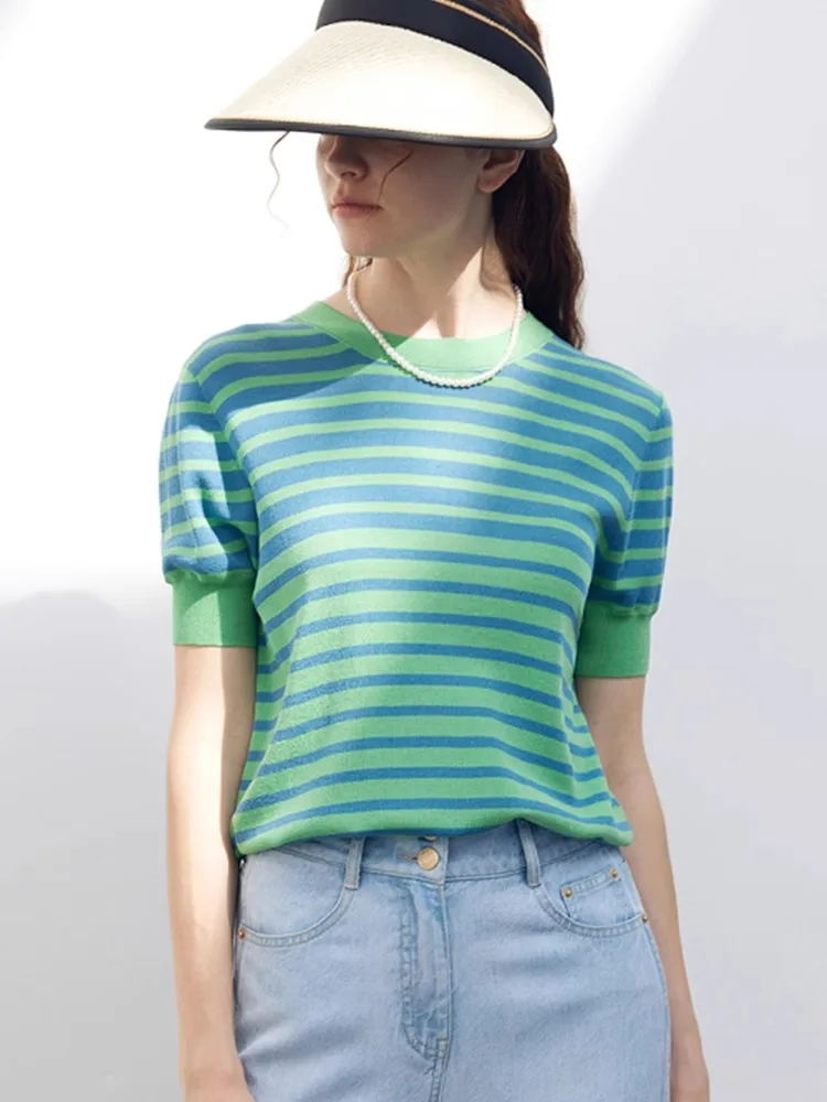 

Chic Summer Ice Silk Knitted Top Casual Neline Slimming Base Layer irt Sli T-irt Korean Sle Straight Cut Silk Blouse