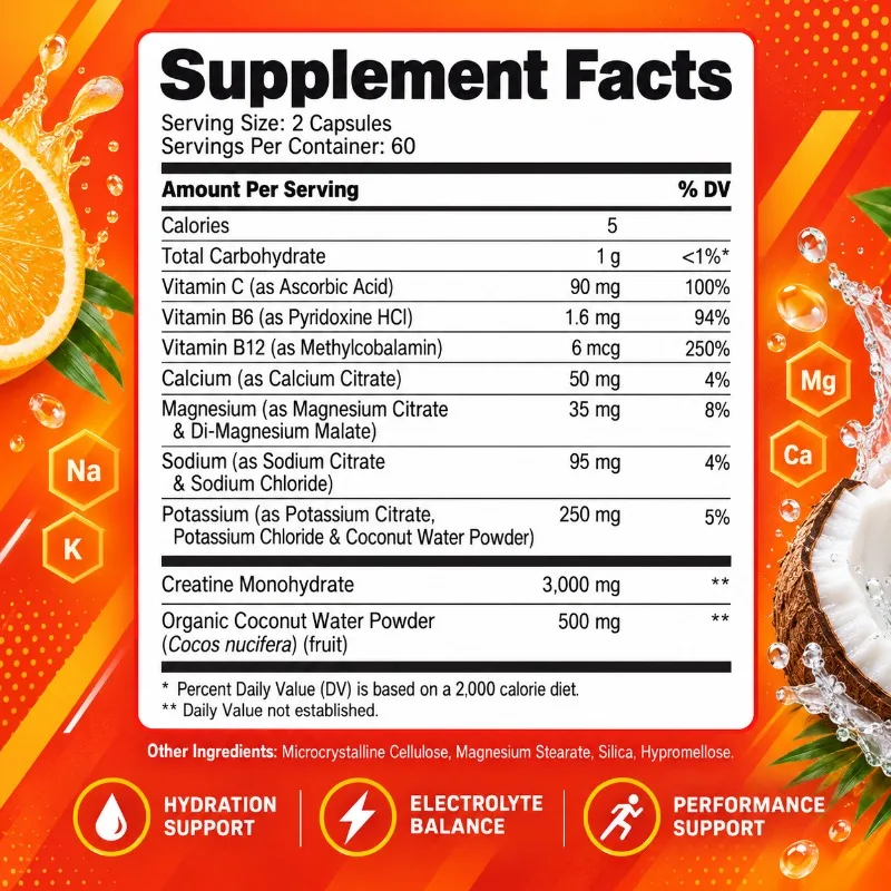 Creatine + Electrolytes Capsules - Hydration Support, Balances Electrolytes, Enhances Endurance, Performance, Muscle Recovery