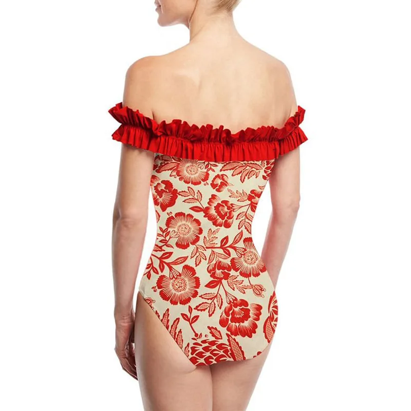 Traje de baño de una pieza con hombros descubiertos, Bañador estampado con volantes y falda Vintage, Bikini de cintura alta para playa de verano, novedad