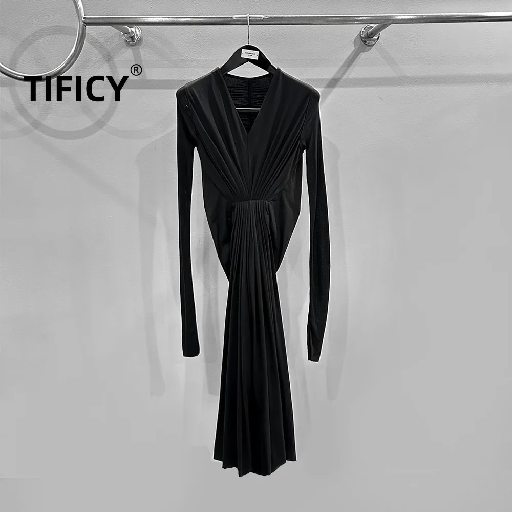 

High Street Dark RO Black Dress Sexy Women's 2024 Spring/Summer Dark Pioneer Design Knit Knitted Long Sleeve Dress