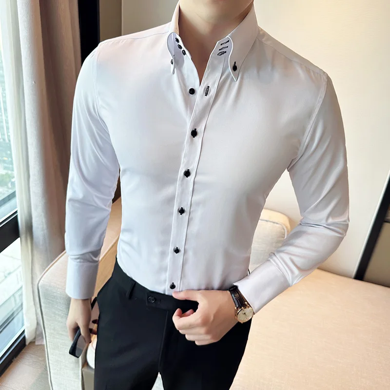 

Korean Fashion Button Decorative Shirt for Men Long Sleeve Business Casual Formal Dress Shirts Slim Fit Streetwear Men Clothing