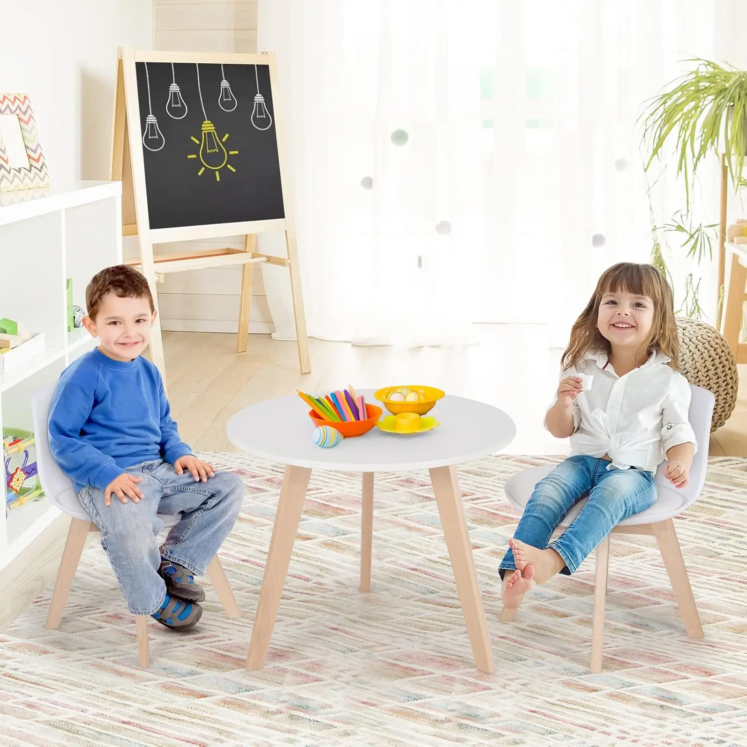 Juego de mesa y sillas para niños, mesa de juego de actividades de madera de 3 piezas con asiento acolchado y patas de madera para artes, manualidades, lectura, preescolar, guardería