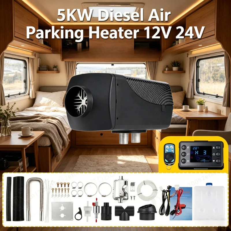 5KW Diesel Air Parking Heater 12V 24V, Car Heater Remote Control LCD Switch, Bus RV Camper Van Truck Boat Marine Equipment
