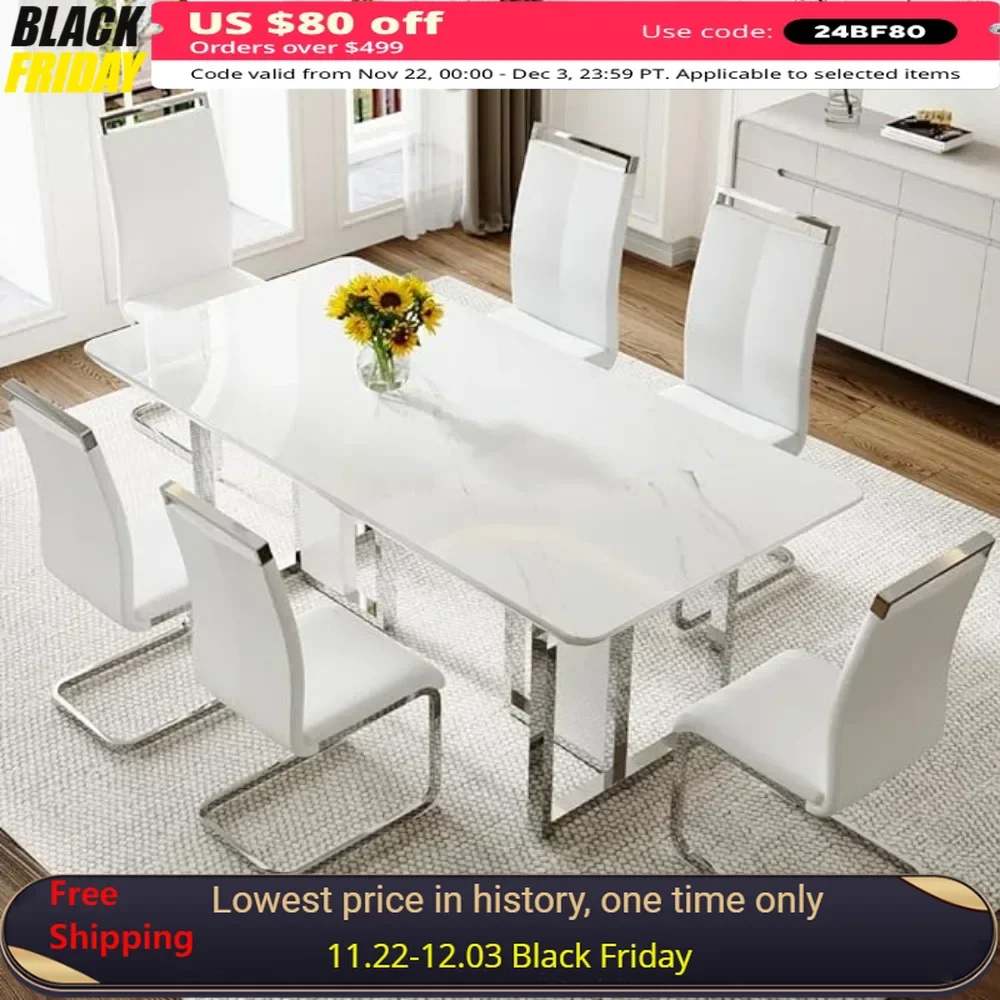 

Dining Table Set for 6, 67" Marble Decals Kitchen Table Set with PU Leather Dining Chairs, Dining Table Set, 7 Pcs