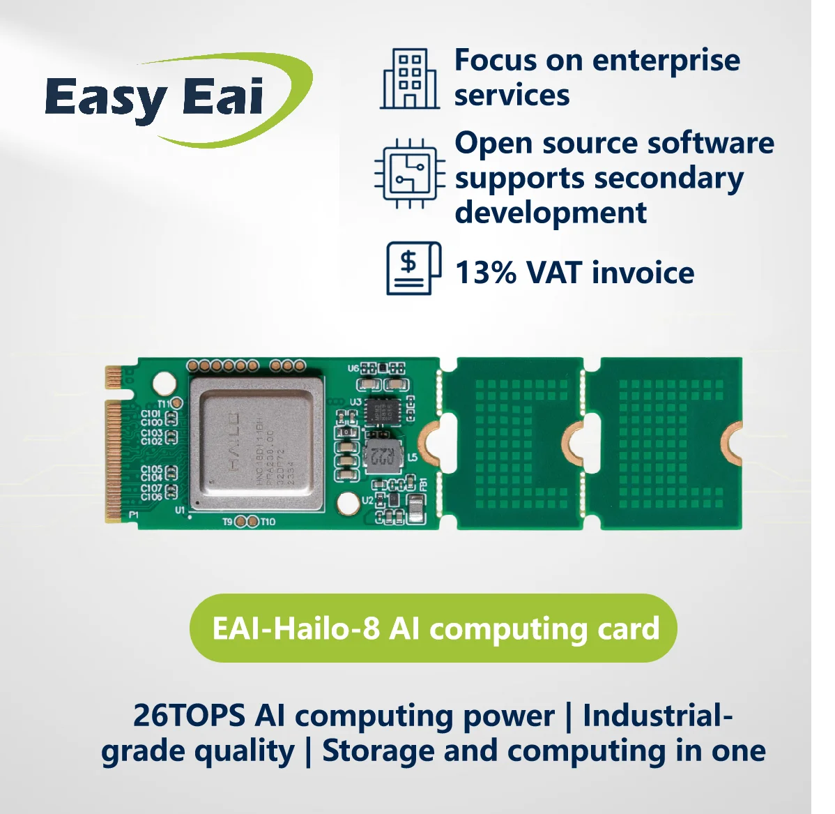 Hailo-8 M.2 AI Acceleration Module AI Module 26TOPS Industrial Grade PCIe Expansion Computing Power Card Includes Heat Sink