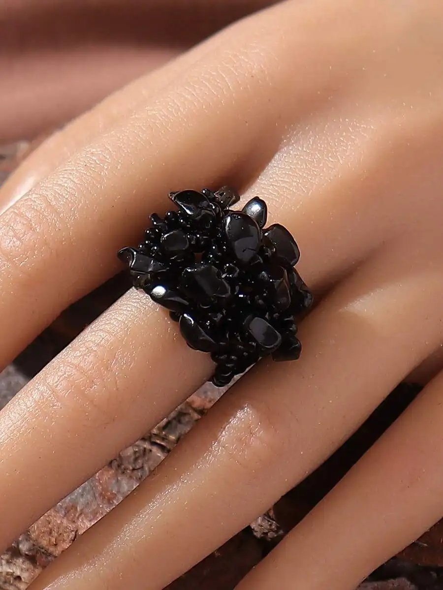 

Bohemian Style Wide Beaded Braided Elastic Ring With Black Natural Stones For Women