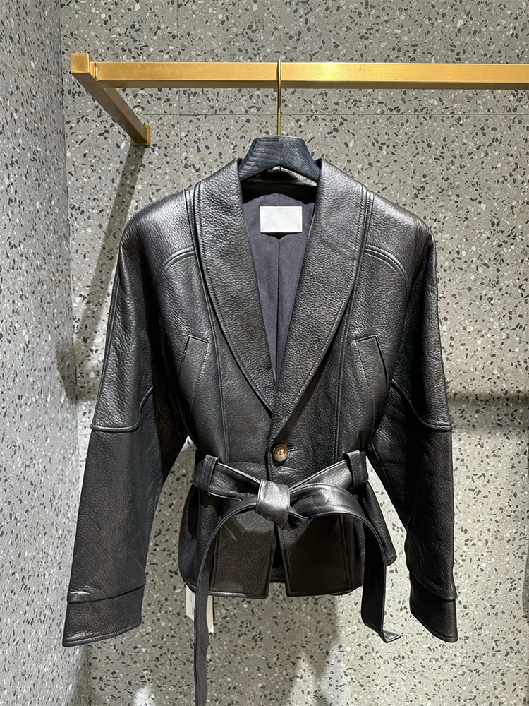 

Chic Bla Leather Jaet Women's Autumn Winter New Sle Waist-Cinching Belted Unique Top Korean Sweet Cool Sle