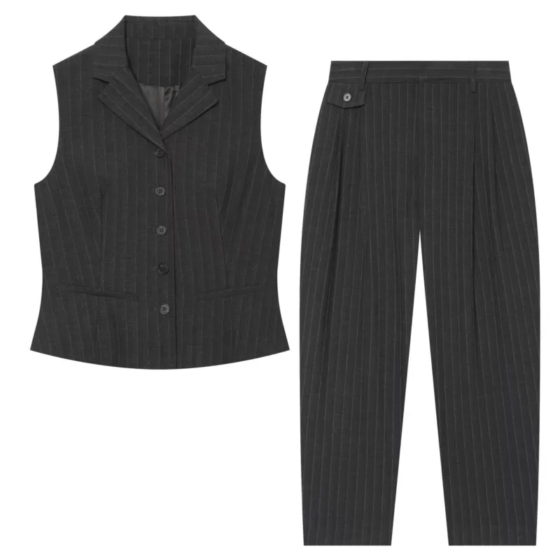Women's Mid Waist Pants Set New 2026 Autumn Sleeveless Waistcoat With Pocket Pinstriped Trousers 2 Pieces Set Female Outfit