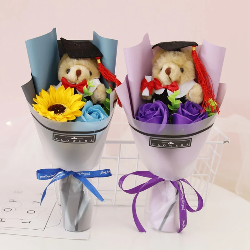 Little Bear Flower Bouquet Artificial Finished Soap Flower Graduation Bouquet Valentine's Day Gifts Home Decor Flower Flores