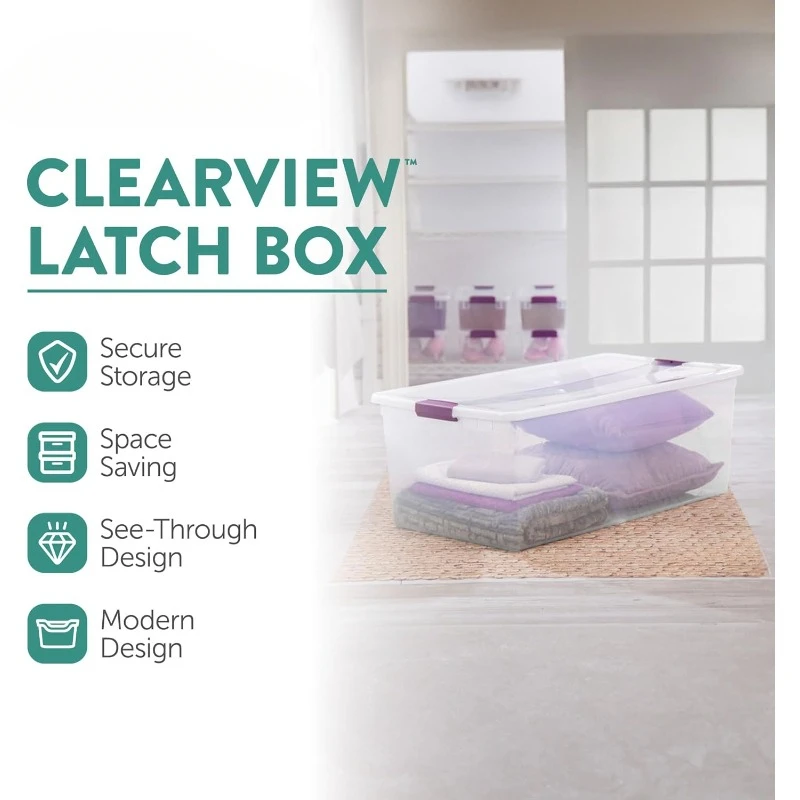 110 Qt ClearView Latch Storage Box, Stackable Bin with Latching Lid, Plastic Container Organize Clothes in Closet