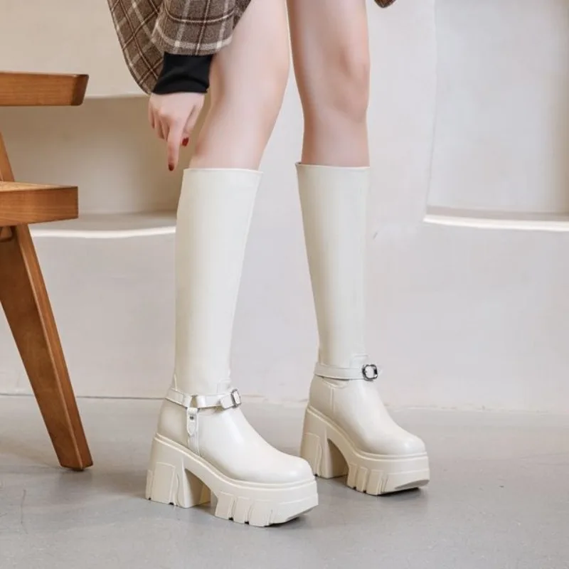 

Women's High-Top Knight Boots 2025 New Thick Bottom Small Size Long Boots Trendy High Heels round Head Metal Buckle Versatile Lo