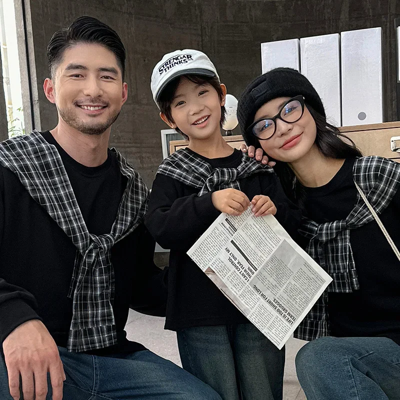Korean Family Matching Outfits Plaid Cape Long Sleeve Tops Mom Dad Son Daughter Couple Parent Child Sweatshirts Unisex Fashion
