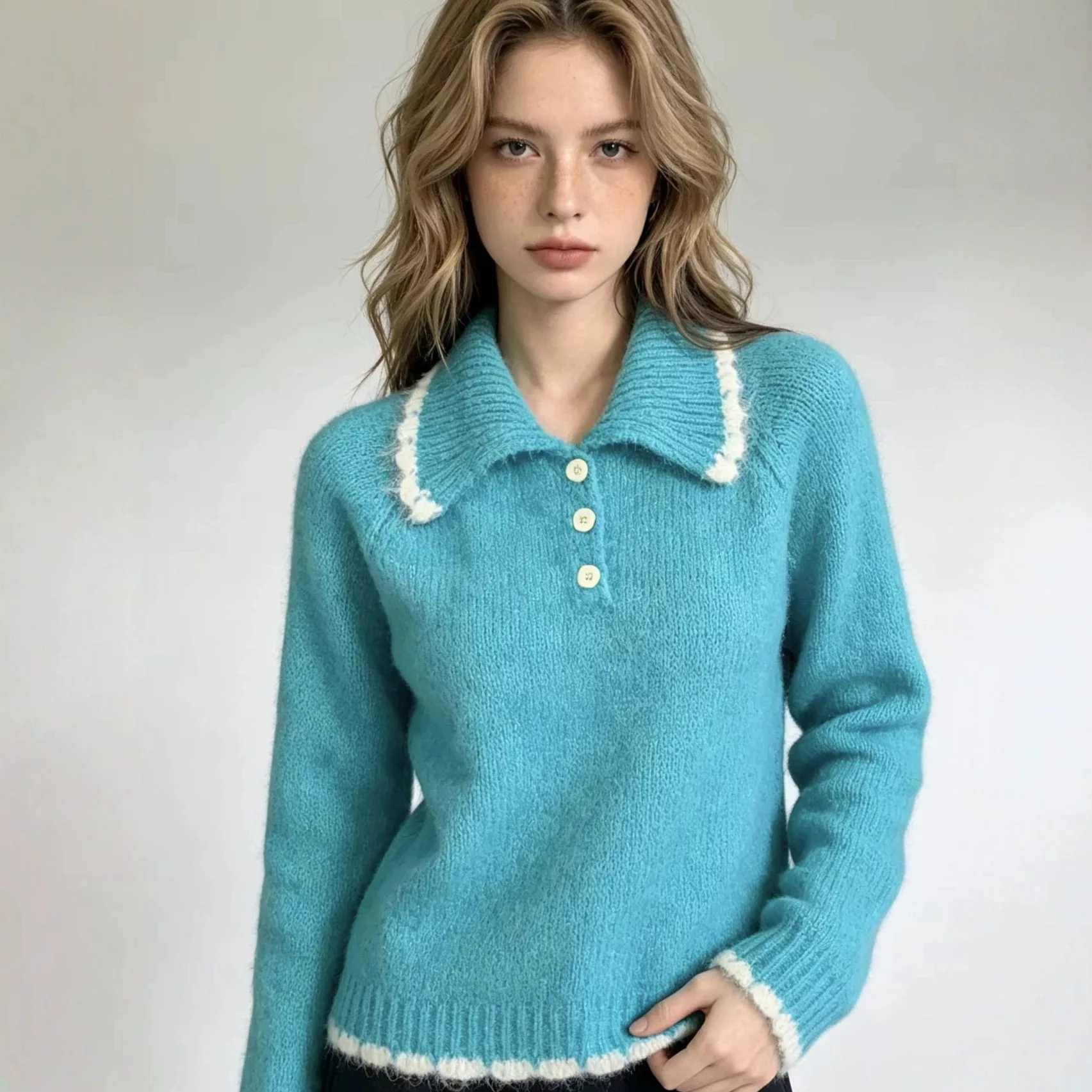 2026 Autumn/Winter New Vintage Pullovers Lace Polo Collar Versatile Lazy Style Fashionable Sweater Knitwear Top for Women