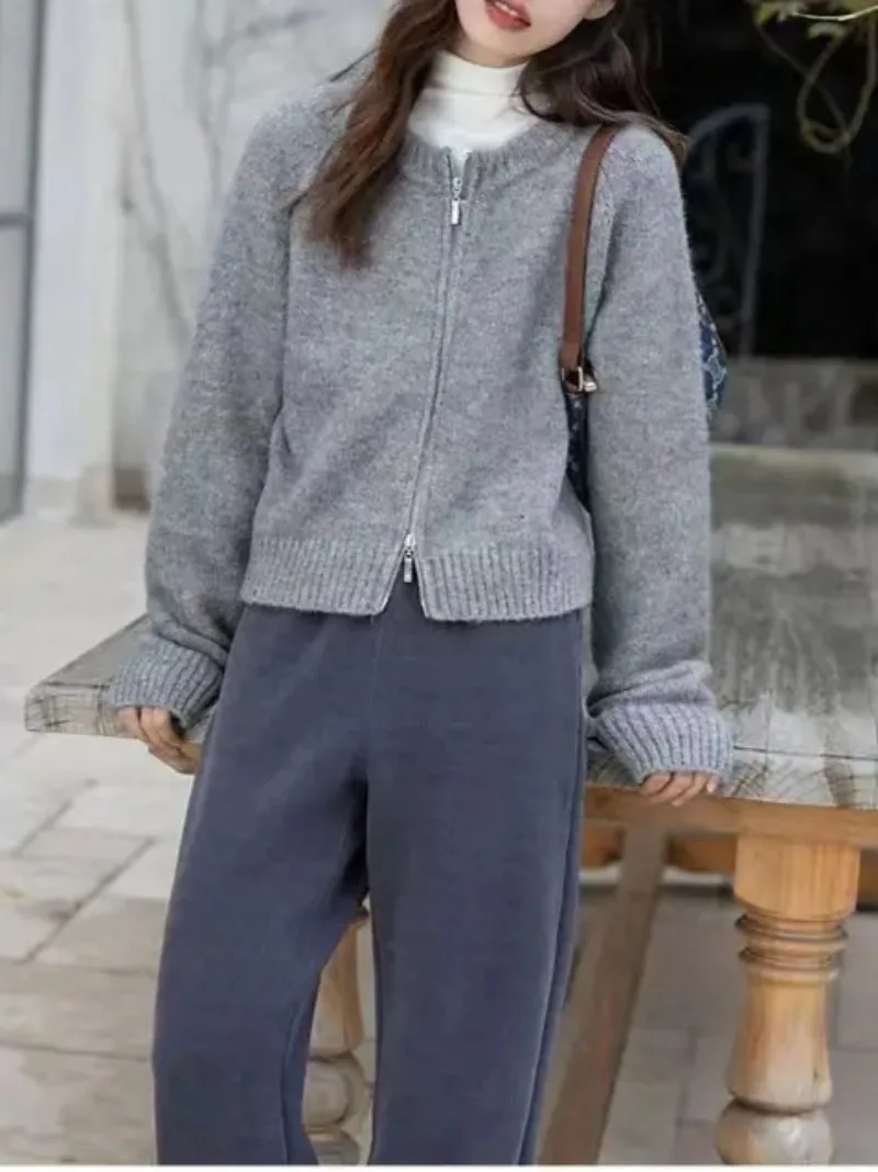 

Fashion Solid Zipper Round Collar Sweater For Women Korean Style Grey Cardigan Autumn Winter Knitwear Long Sleeve Female Tops