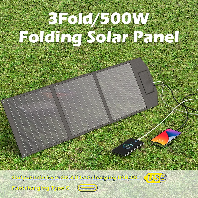 3-Fold 500W Foldable Solar Panel Single Crystal Silicon USB 5V DC 18V Fast Charging Mobile Phone/ Fan/ Mobile Power Supply