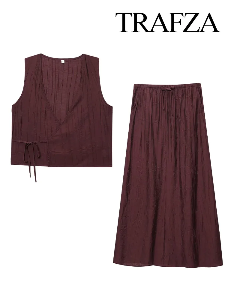 

TRAFZA 2025 Women Summer Wrinkle Bow Lace-up Decoration Skirt Suit V-Neck Sleeveless Slim Short Vest Top+Chic Pocket Midi Skirt