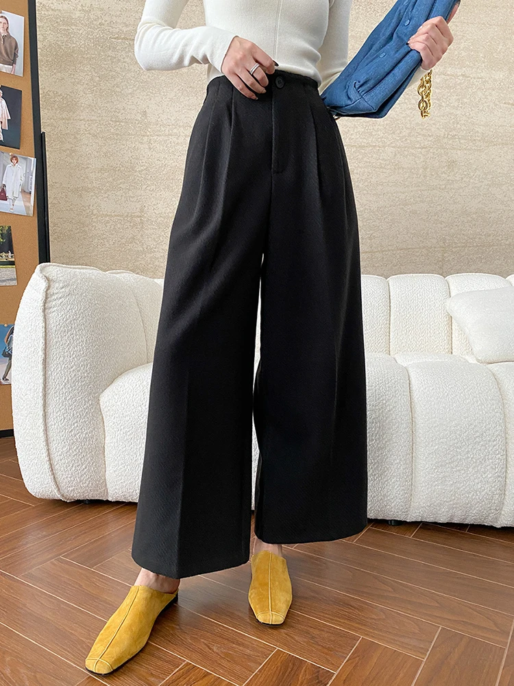 [EAM] High Waist Coffee Pleated Long Thick Wide Leg Woolen Pants New Trousers Women Fashion Tide Autumn Winter 2024 1DH7872