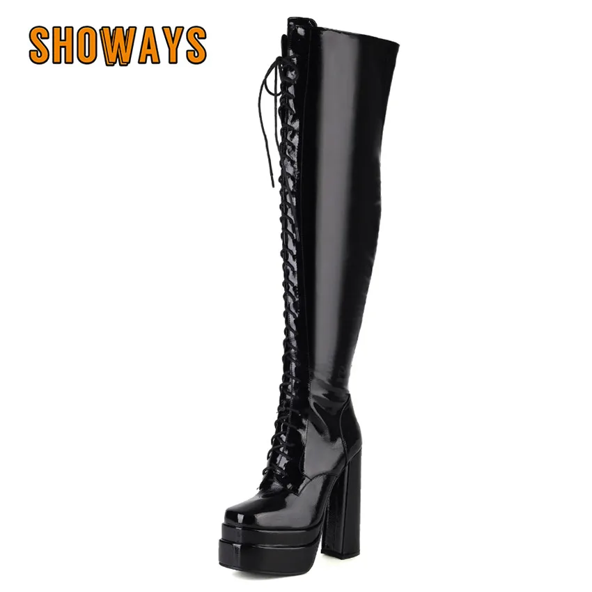 

Winter Women Thigh High Platform Boots Beige Patent Leather Sexy High Heels Party Lady Square Toe Lace-up Zipper Over Knee Boots