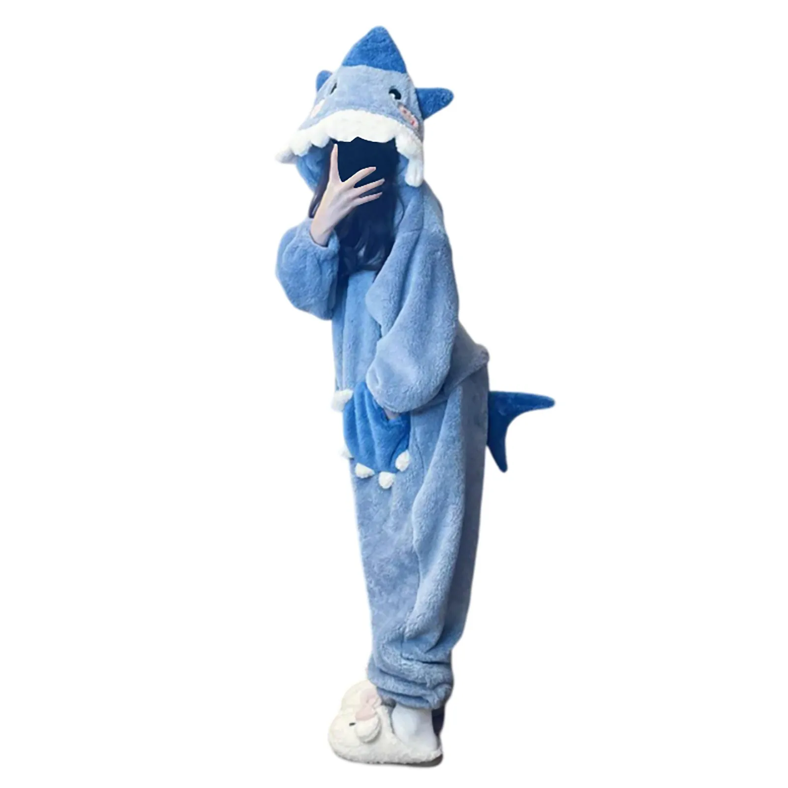 Winter Cute Shark Hooded Coral Velvet Pajamas Homewear Women Padded Thickened Warm Clothes Homewear One-Piece Pajamas