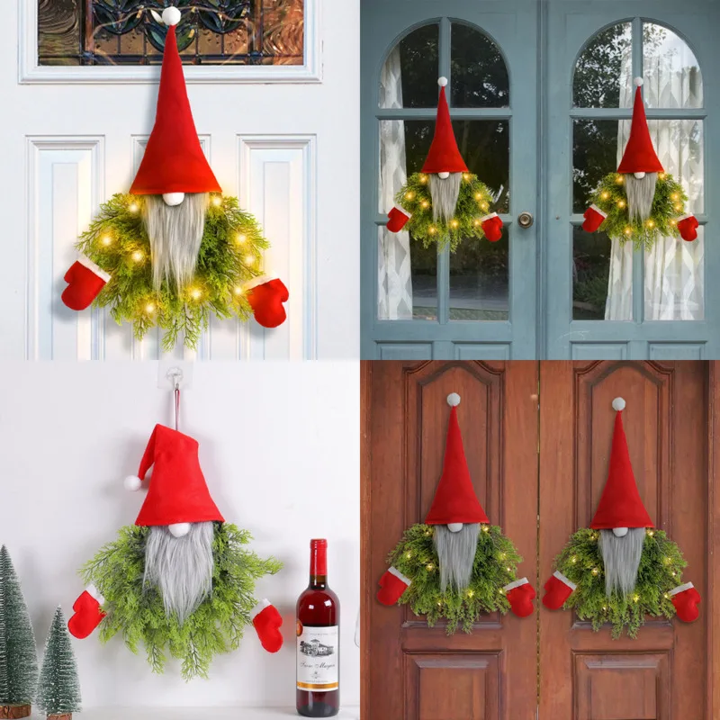 

Christmas Luminous Faceless Santa Claus Wreath Green Grass Hat Wall Hanging Creative Wreath Door Hanging Restaurant Bar Prop New