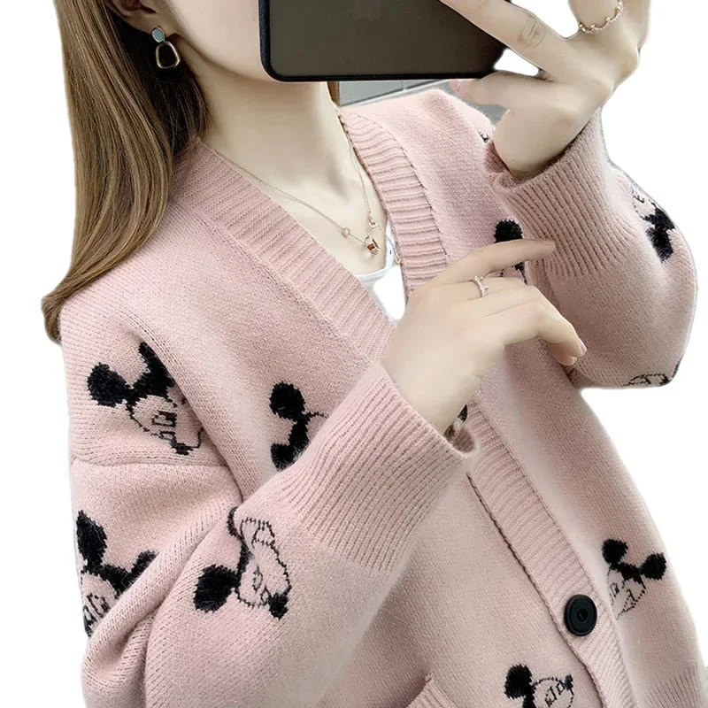 Disney Mickey Cartoon Sweaters for Women Knitted Cardigan Korean  Coat Female Autumn and Winter Loose Wild Thicken Kawaii Tops