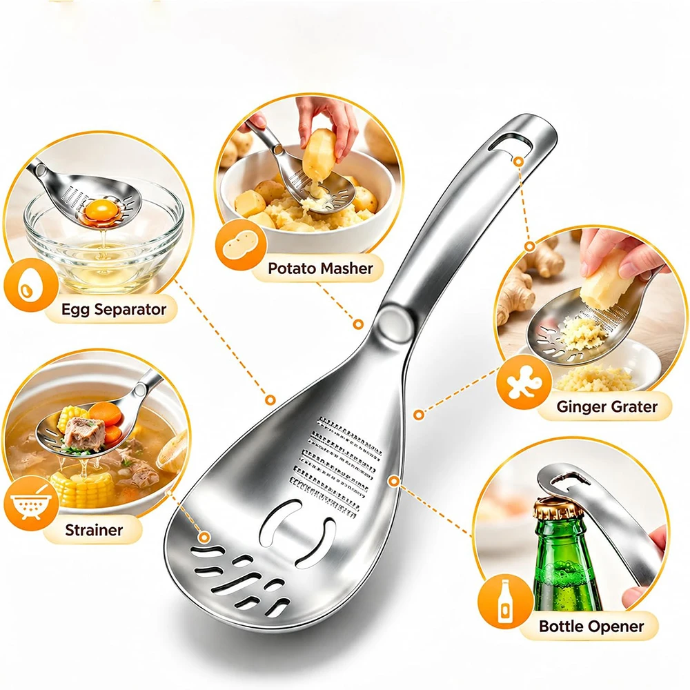 Multifunction Stainless Steel Cooking Grater Spoon Grinding Spoon Egg Soup Divider Kitchen Cooking Utensils Kitchen Tool
