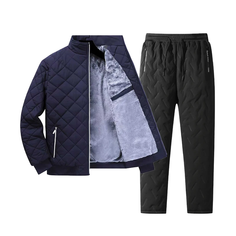 Mens Winter Warm Quilted Fleece Lined Tracksuit Set Full Zip Fleece Jacket and Sweatpants with Zip Pockets Men's Thermal Parka - view 4