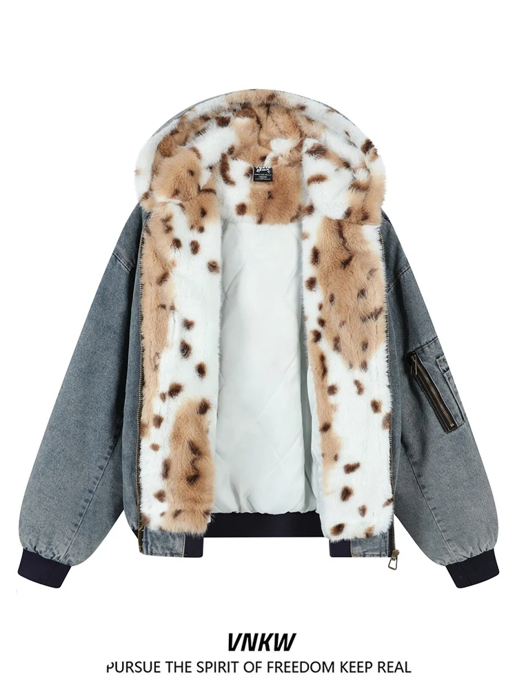 

Retro American Waed Canvas Leopard Print Fur Collar Men's Winter Thiened Warm Hooded Jaet Trendy Cotton Clothes