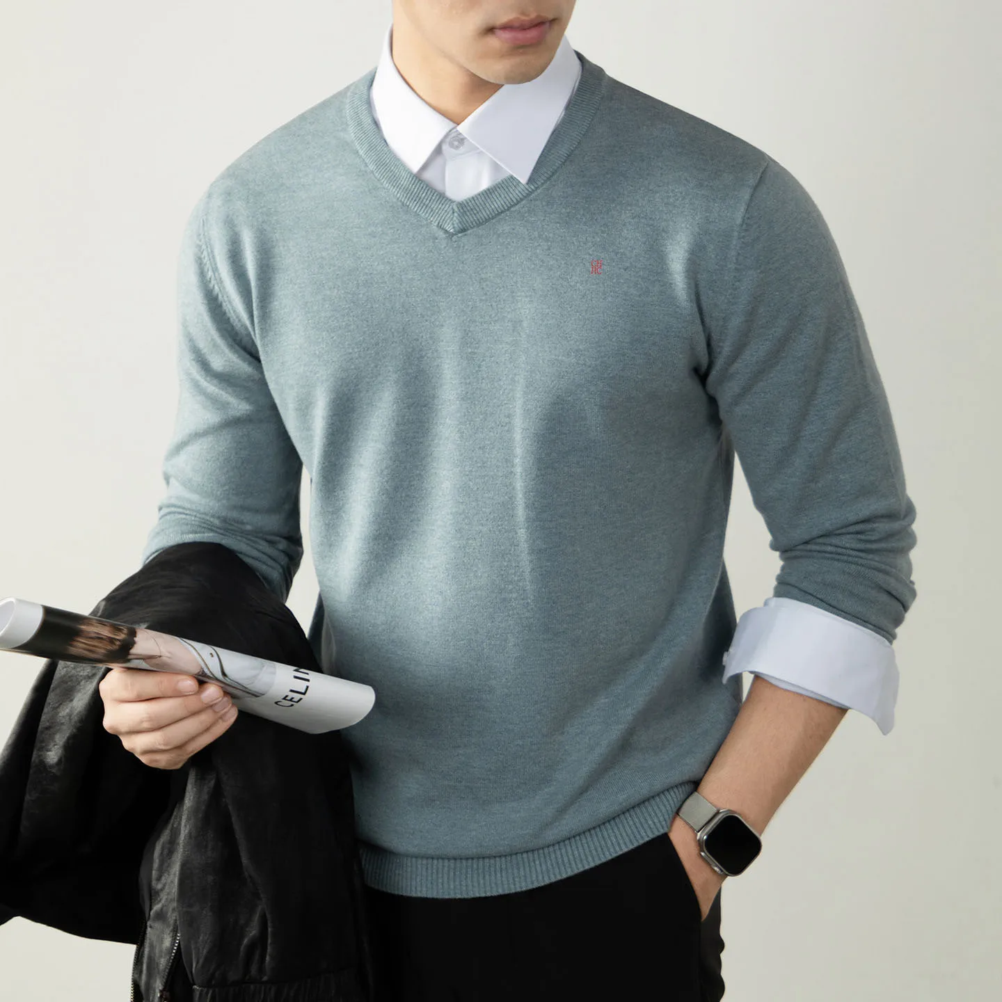 CH V-Ausschnitt Strickpullover Langarm Gerippte Manschetten Fein Gestrickter Stoff Regular Fit Business Casual Strickoberteil – Detail 8