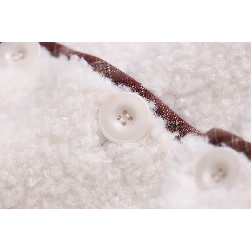 Abrigo informal de cuello redondo para mujer, empalme a cuadros contrastante, piel de cordero de imitación, todo en uno, básico Simple, abrigo cálido francés para mujer