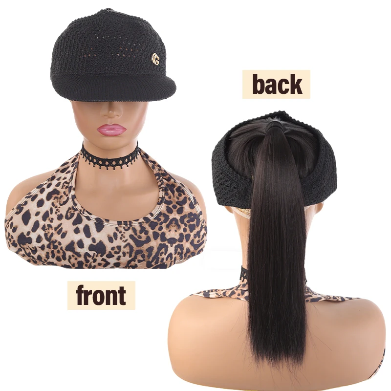 Black Breathable Wig Ponytail Cap – Integrated Synthetic Hair with Gold Logo, Comfortable Fit for Women’s Daily Wear, Vacations
