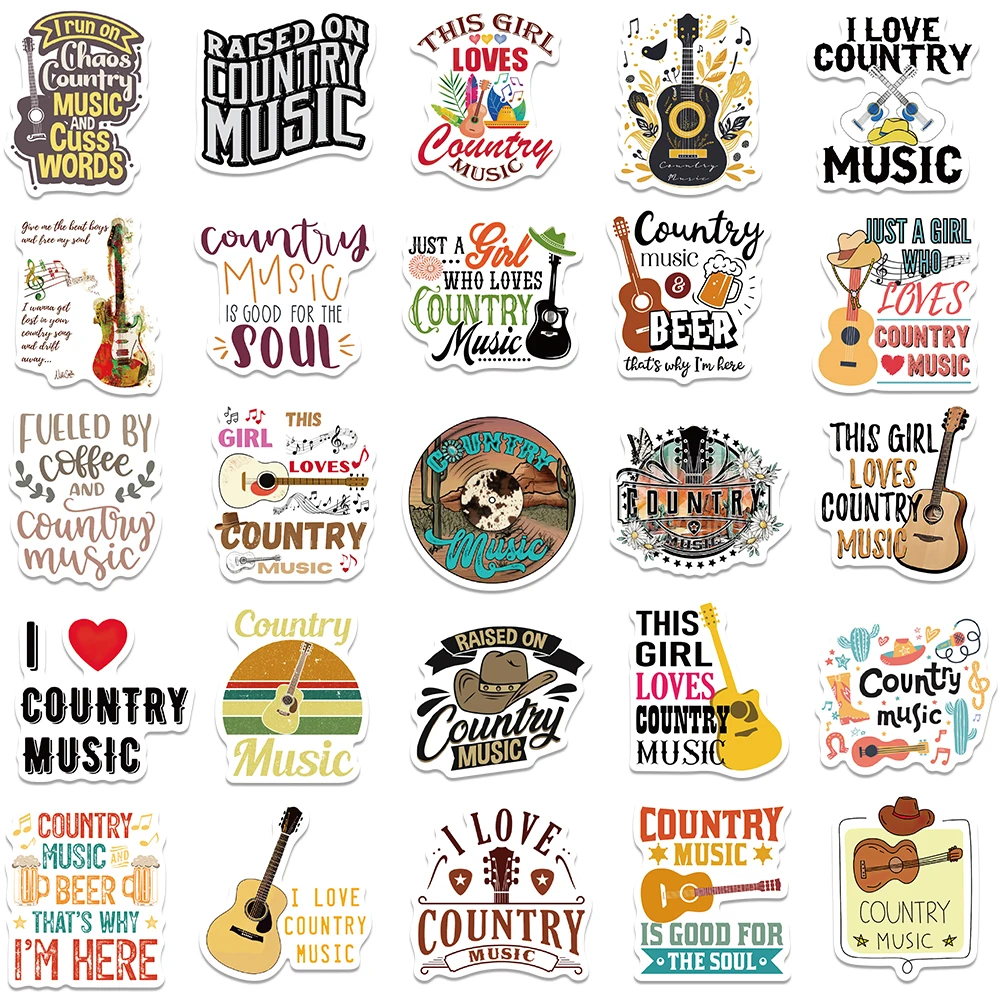 50pcs Funny Cartoon Country Music Stickers Water Bottle Stickers For Laptop Phone Luggage Skateboard Bicycle Waterproof Decals