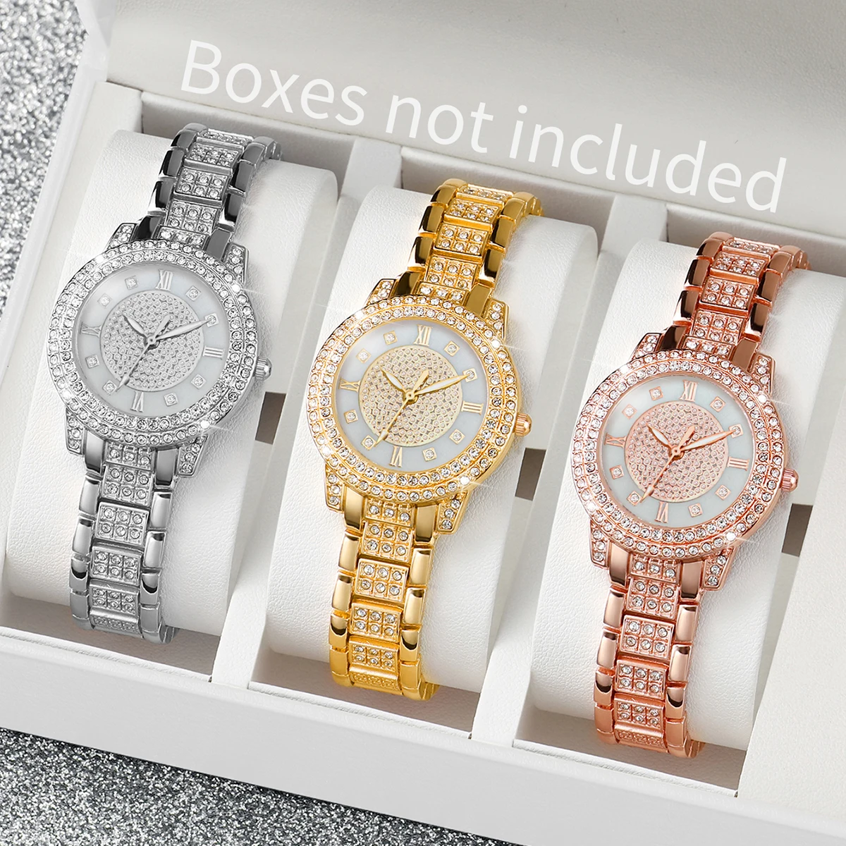 3PCS Women\'s Watches Fashion Full Diamond Stainless Steel Band Quartz Watch（Without Box）