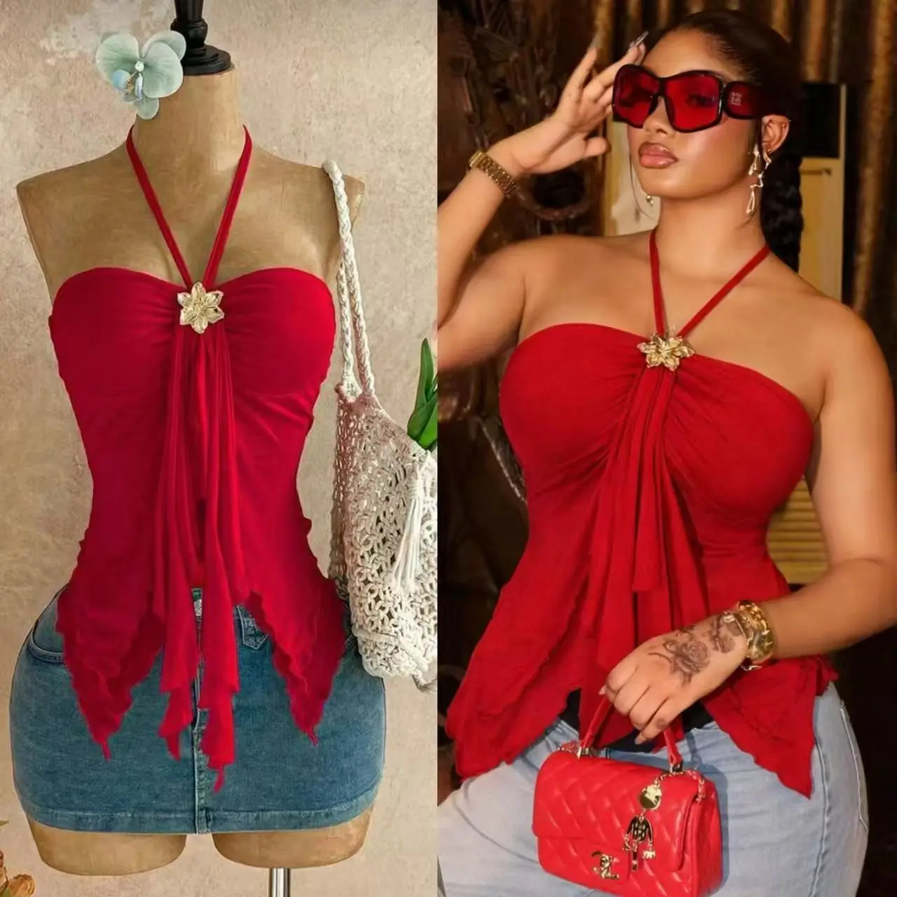 

STYLISH LADY Halter Neck Irregular Hem Top 2026 Women Sexy Ruffle Mesh Blouse With Flower Buckle Slim Fit Summer Party Clubwear