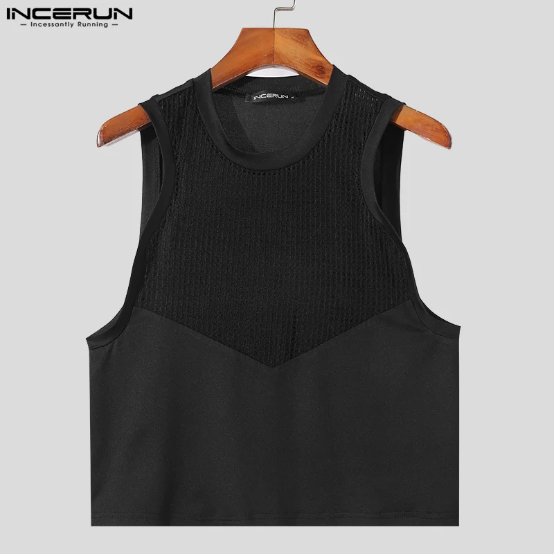 INCERUN Tops 2024 Korean Style Fashion New Men O-neck Patchwork Mesh Vests Summer Streetwear Hot Sale Sleeveless Tank Tops S-5XL