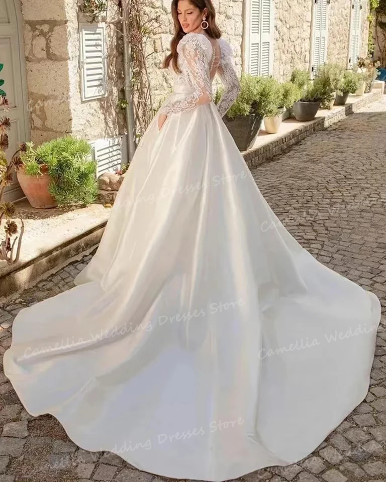 Vestidos de novia bohemios de línea A para mujer, Apliques de encaje Sexy, Vestidos de novia elegantes con cuello en V, manga larga, tul de satén, Vestidos de tren de barrido