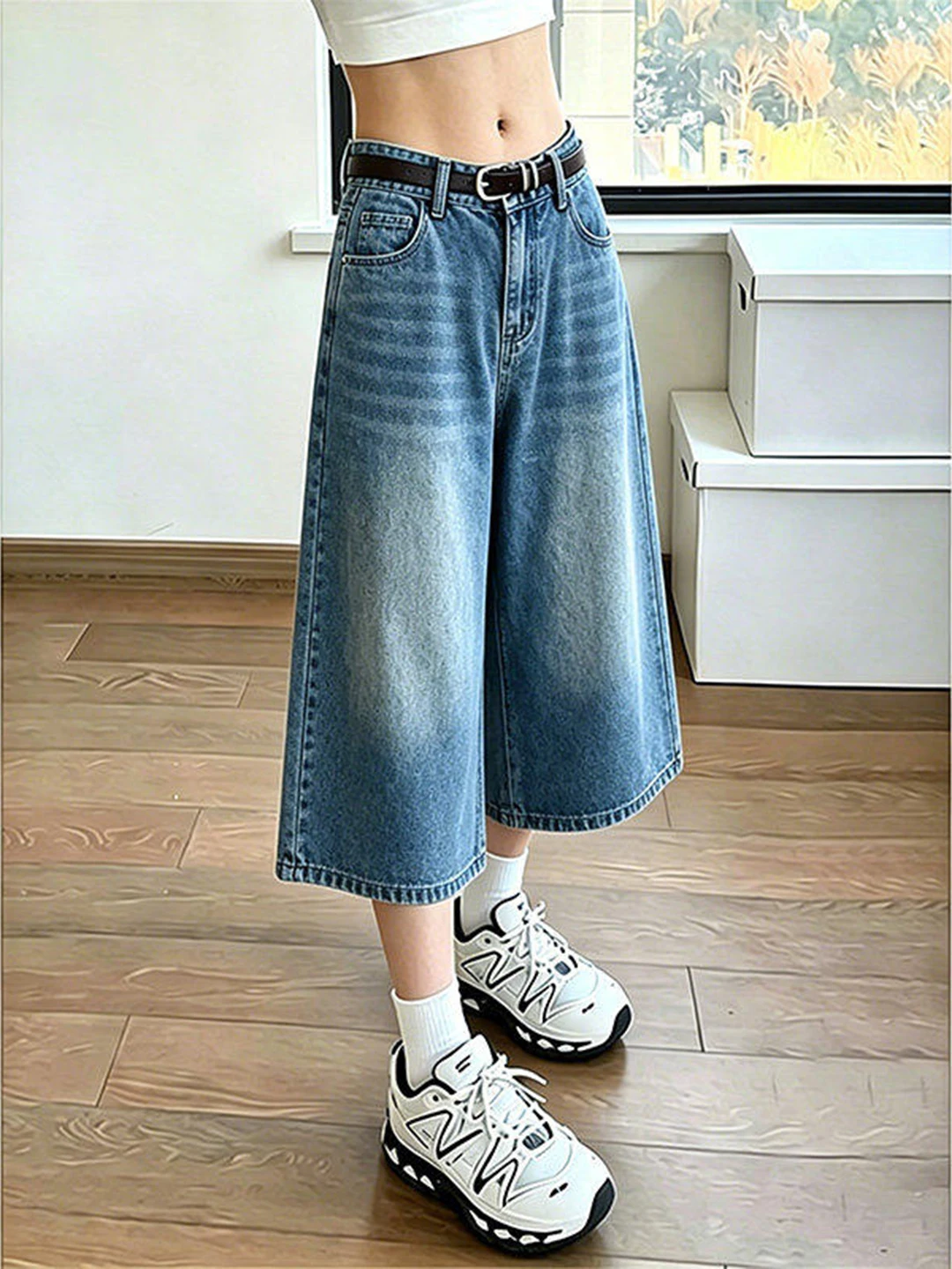 

Retro Blue Seven-Five Jeans Shorts Unisex Summer American High Street Straight Leg Wide-Fit Eight-Piece CleanFit Pants
