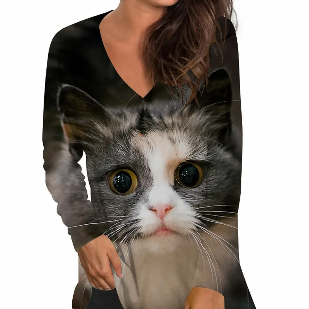 

Women's 3D Printed Casual V-Neck Pullovers Long Sleeve Loose Top T-shirts Korean Fashion Ladies Casual Top Tee Woman Clothes