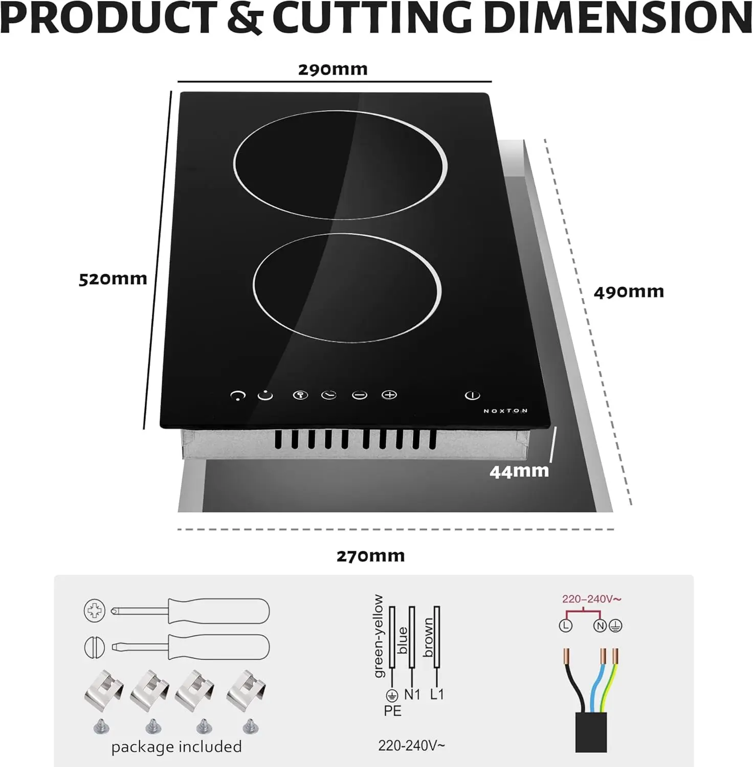 NOXTON Ceramic Hob, Built-in 2 Zone Electric Hobs 29 x 52cm Noise-free Auto Shut-off Safe Lock Heat Indicator Black Glass Panel