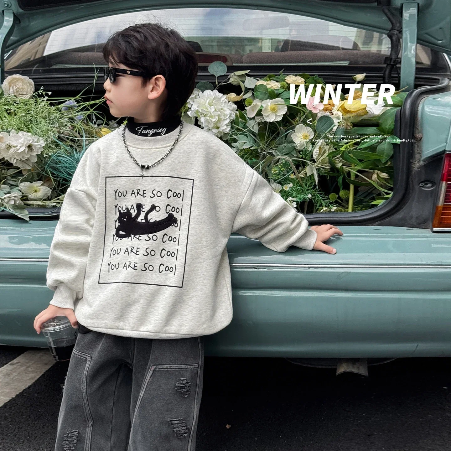 

Детская толстовка с капюшоном, 2024, детская зимняя детская одежда, корейский стиль, котенок, вышивка букв, плюс флисовая утолщенная толстовка с капюшоном для мальчиков